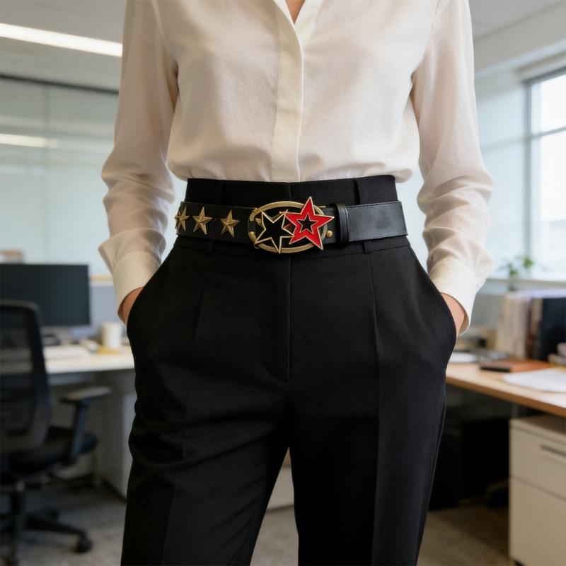 Permanent Bronze Star Embellished Faux Leather Belt For Women And Men Fashion Accessory 110cm Length