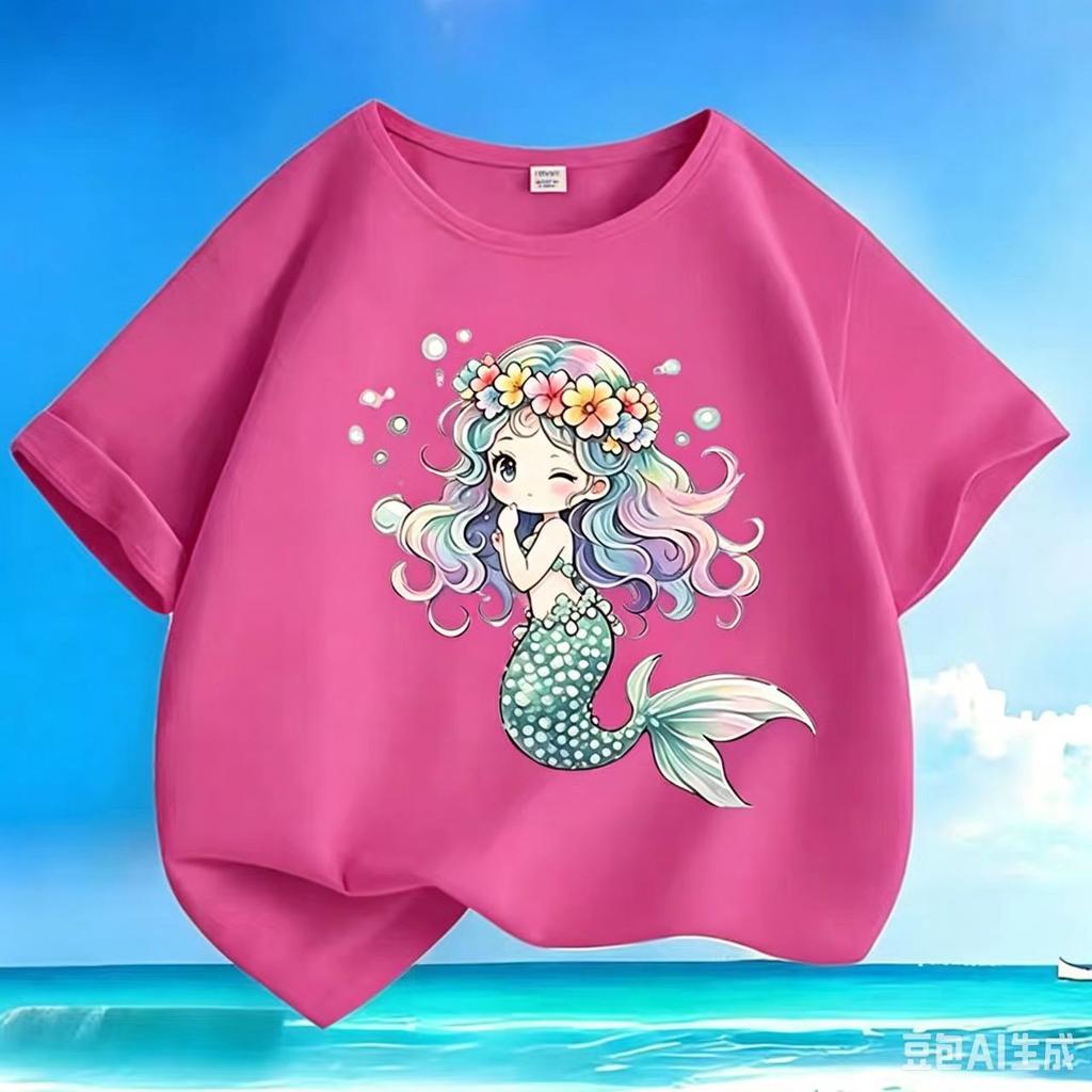 2026 Summer Girls Cartoon Mermaid Print ShortSleeved Tshirt Pure Cotton Comfortable and BreathableGirls HalfSleeve Tshirt