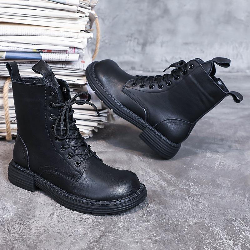 Women Genuine Leather Boots Chunky Platform Square Toe Side Zipper Ankle Boots For Women Winter Warm Lace-up Shoes
