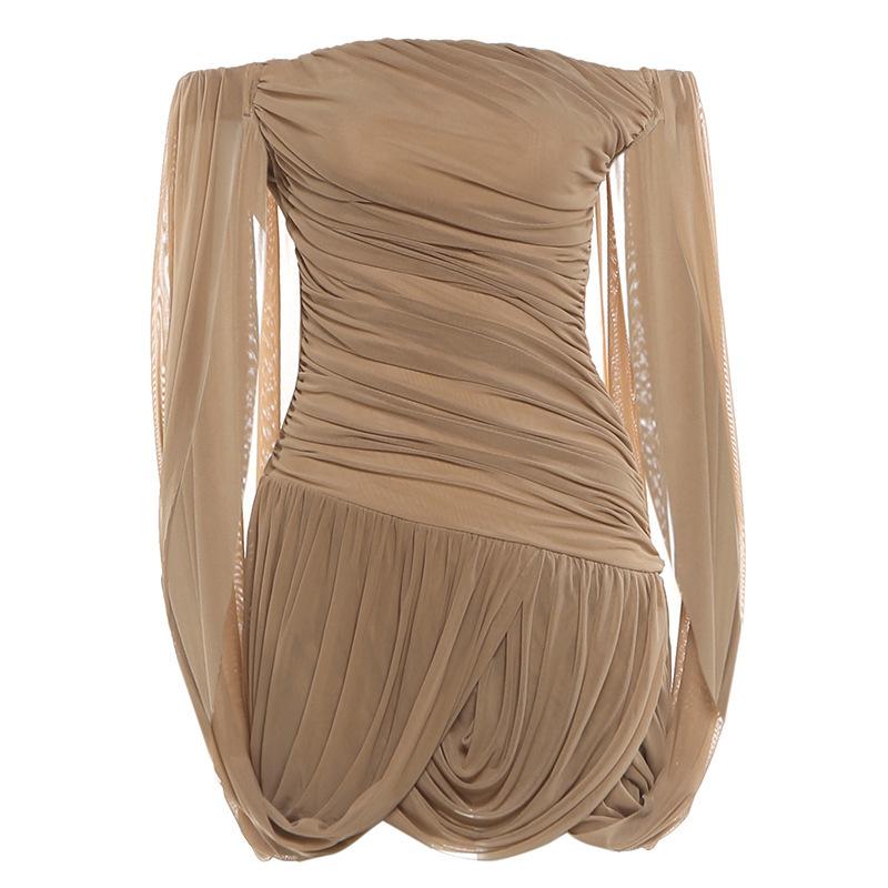 2026 European and American spring new sexy temperament elegant irregular style one-word shoulder pleated women s dress S