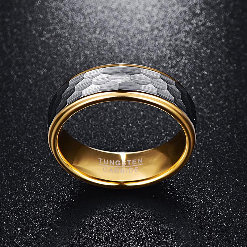 Silver-Gray Matte Hexagonal Tungsten Steel Ring with Gold-Plated Interior (8MM Wide) Men's Size
