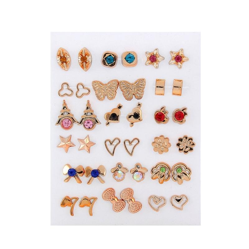 18Pairs Set Gold Silver Studs Earrings  Elegant Mixed Style Heart and Flower Earrings Accessory for Fashion Lovers