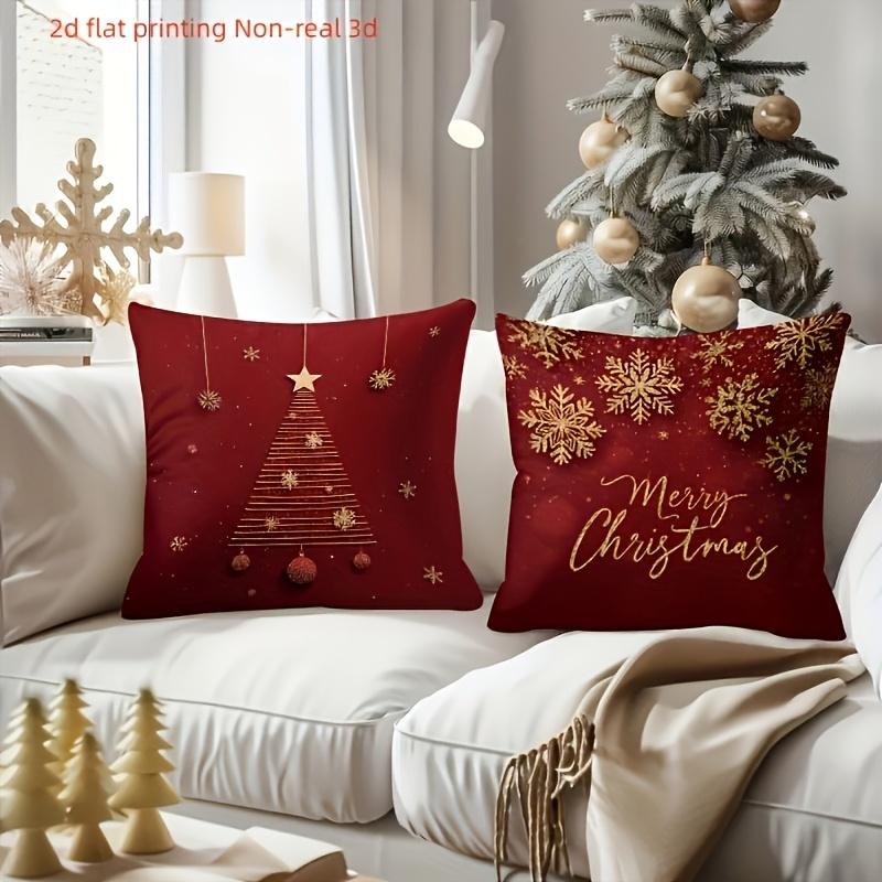 4pcs 2D Flat Double-Sided Print Christmas Pillow Covers, Golden And Red Patterns with Reindeer, Snowflakes, Christmas Trees. Seasonal Decorative Cushi