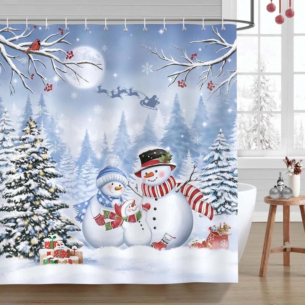 Winter Christmas Snowman Shower Curtains Snowflake Xmas Reindeer Nature Forest Snowy Scenery Farmhouse Bathroom Decor with Hooks