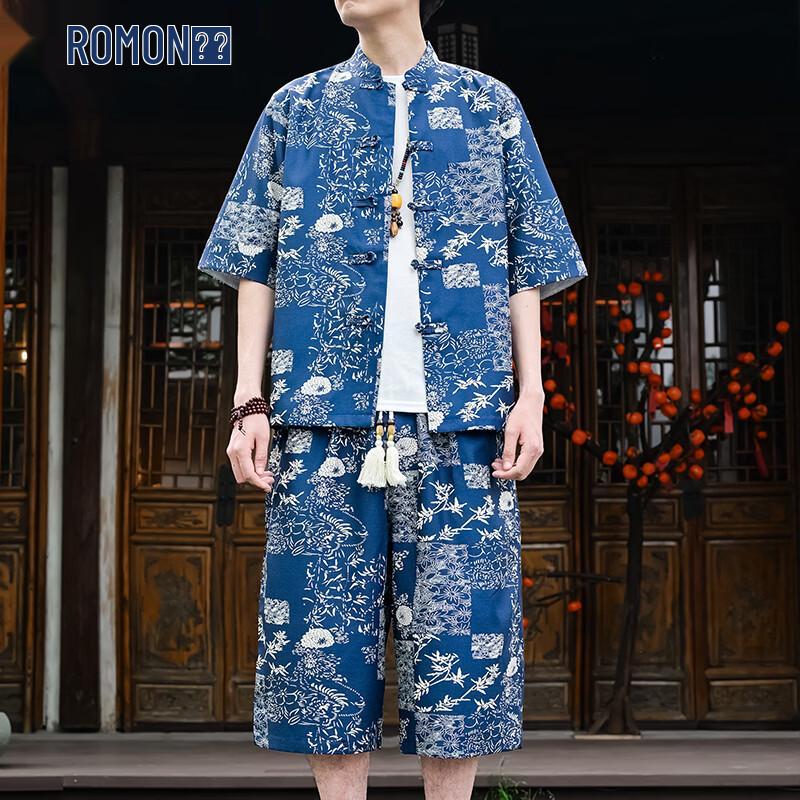 

ROMON Men s New Chinese Style Floral Print Linen Short-Sleeve Shirt Set 4XL