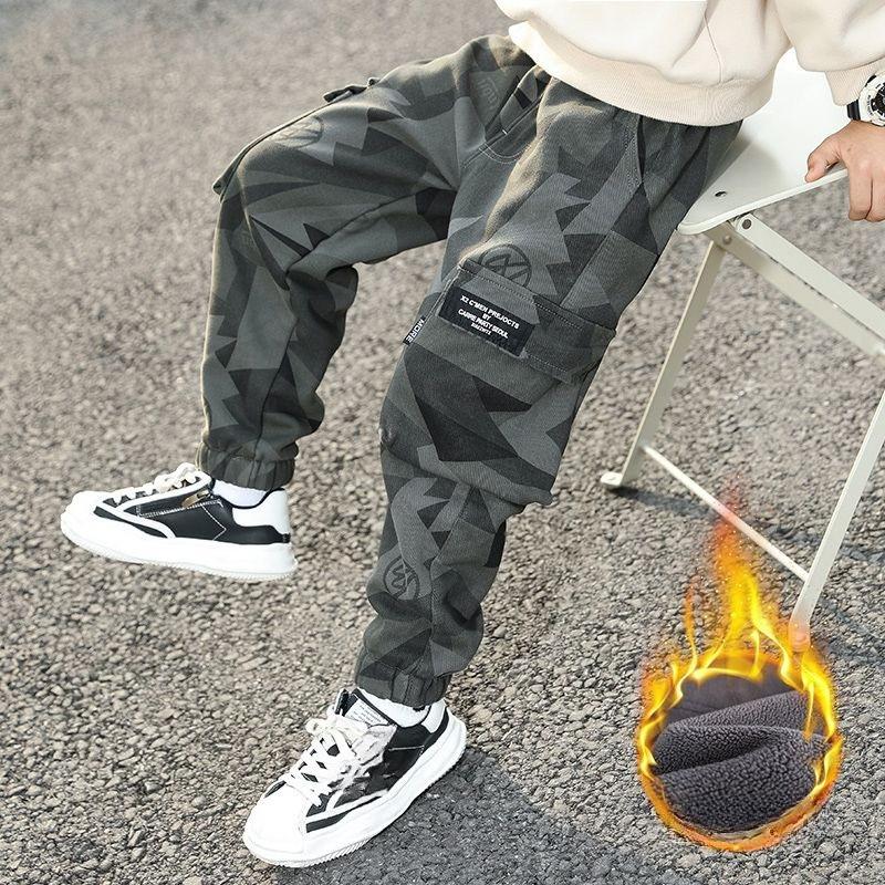 Boys' Fleece-Lined Camouflage Pants: Spring, Fall, and Winter Casual Pants for Kids