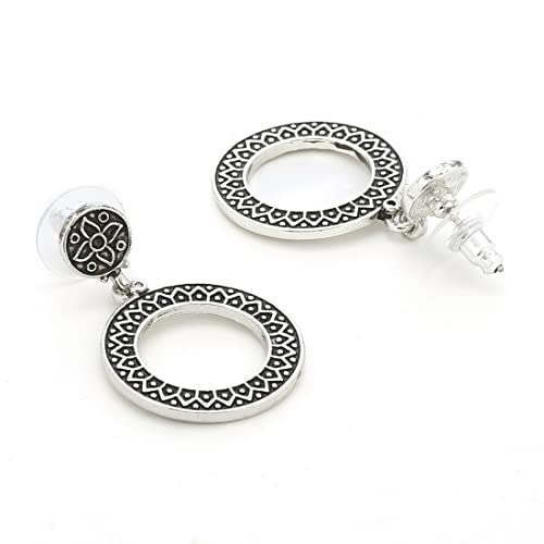 Estele Rhodium Plated Oxidized Round Drop Earrings for Women