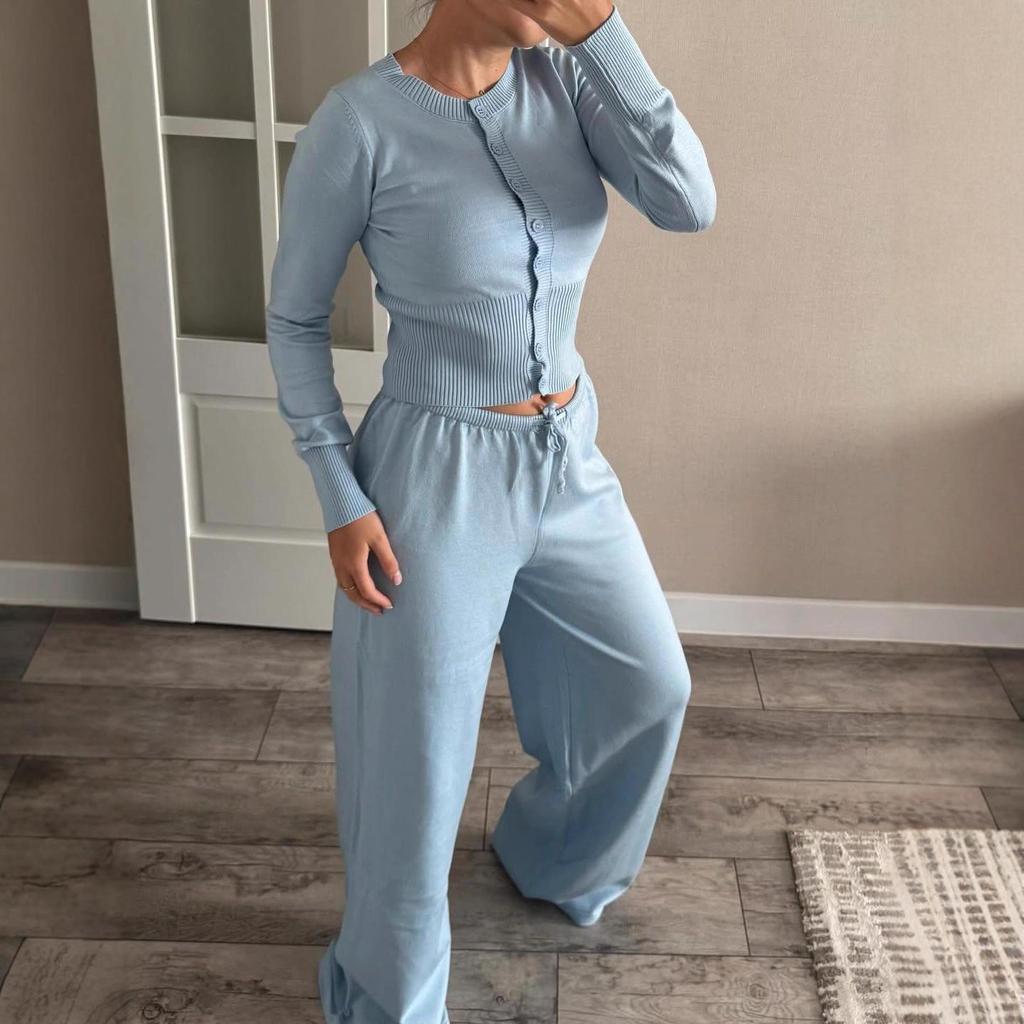 Women's Summer Fashion Knit Cardigan and Pants Set – Button Front, Long Sleeve, Round Neck