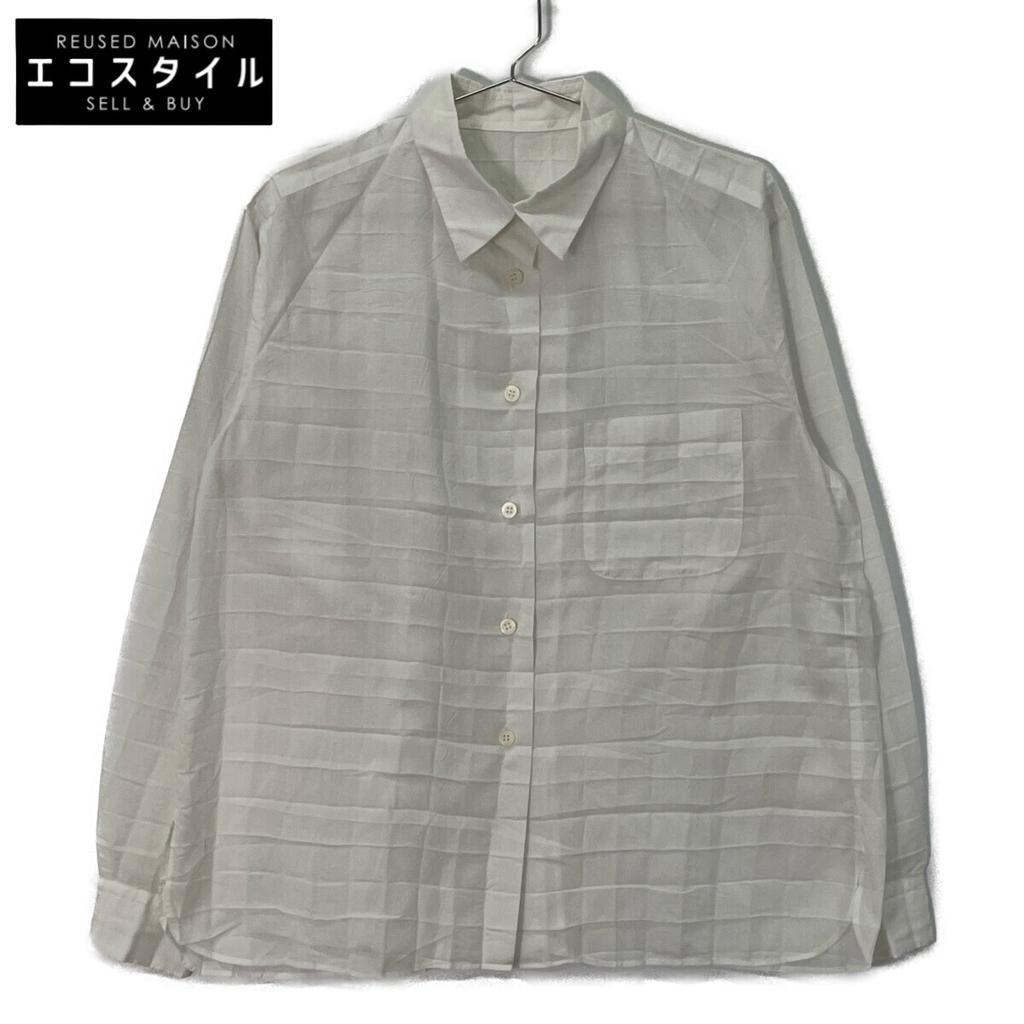ISSEY MIYAKE IM01-FJ604 White Polyester Border Pleated Front Pocket Long Sleeve Shirt Tops M whiteUsed