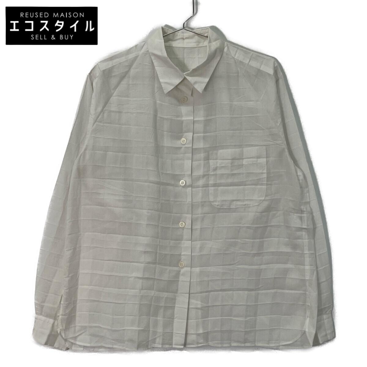 

ISSEY MIYAKE IM01-FJ604 White Polyester Border Pleated Front Pocket Long Sleeve Shirt tops M whiteUsed