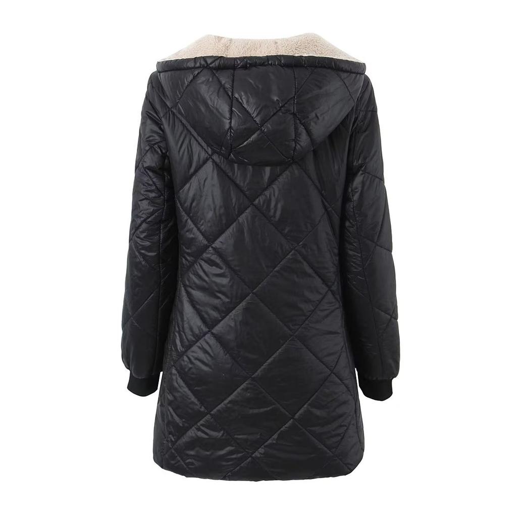 Manteau matelassé en coton à capuche mi-long pour femme, Veste extérieure imperméable brillante doublée de polaire, Parka chaude à motif losanges géométriques pour l'automne et l'hiver