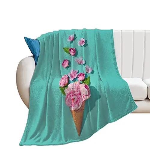 Food Blanket Aesthetic Ice Cream Matcha Throw Blanket Lightweight Soft Cozy Flannel Sofa Bed King Queen Full Size Warm Blanket