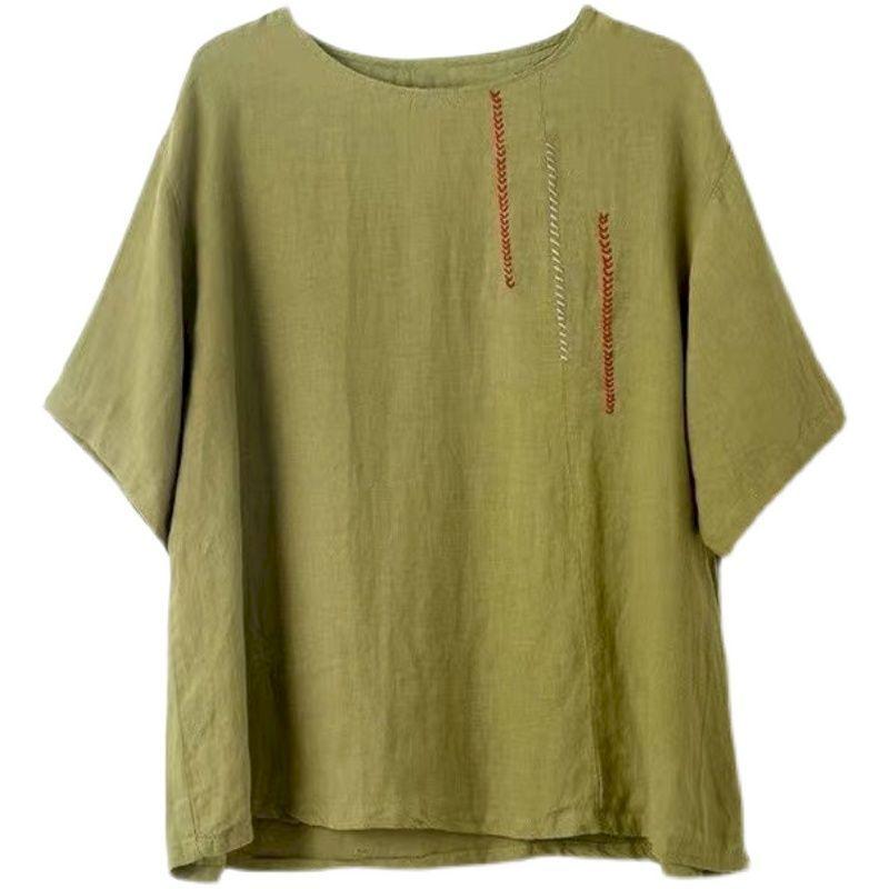 Women's Summer Loose-Fit Short-Sleeve Top Solid Color Vintage T-Shirt