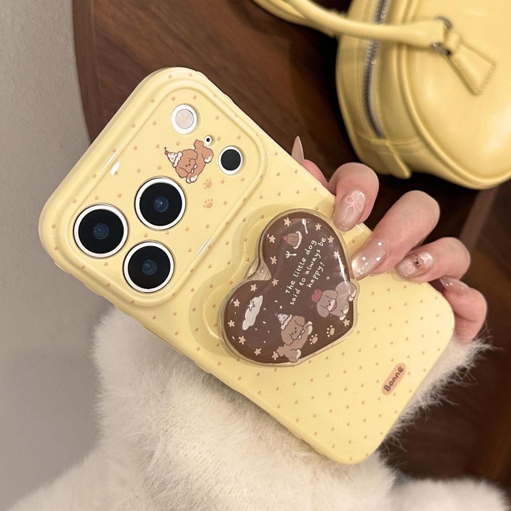 Cute Puppy Heart-Shaped Stand Phone Case for iPhone 16, iPhone 17, and iPhone 17 Pro Max