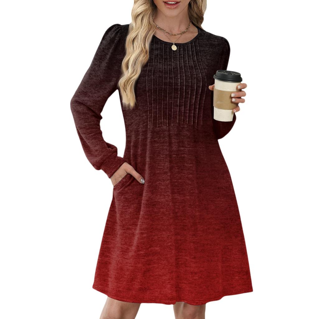 Women's Long Sleeve Pleated Round Neck Gradient Printed Casual Dress With Pockets