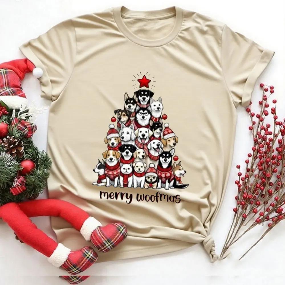 Merry Woofmas Christmas T-Shirt Festive Dog Tree Printed Tee Comfortable Personality Sweatshirt Women Tops