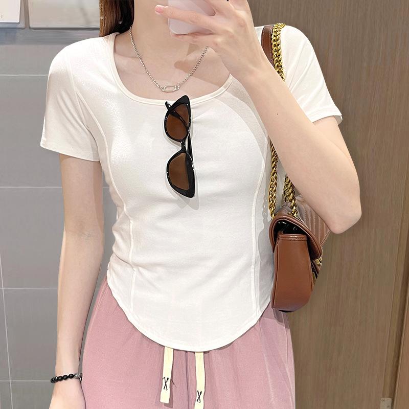Short Square Neck Short Sleeve T-shirt for Women In Summer Design Niche Shoulder Pure Fish Bone Top