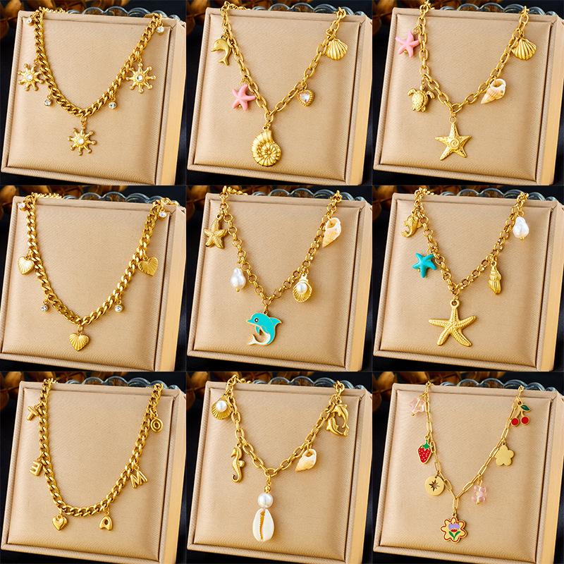 Fashion Vacation Ocean Drop Oil Dolphin Pearl Shell Starfish Chunky Chain Necklace