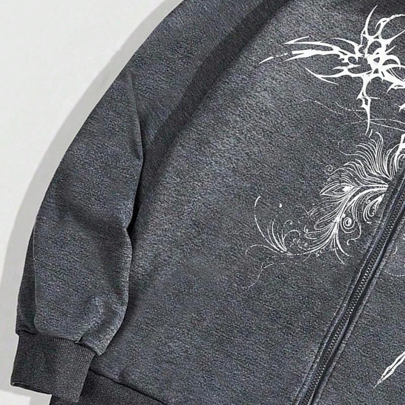 Oversized Cropped Sweatshirt met Capuchon en Kruisprint Streetwear Lange Mouwen Ritssluiting Unisex Losse Pasvorm