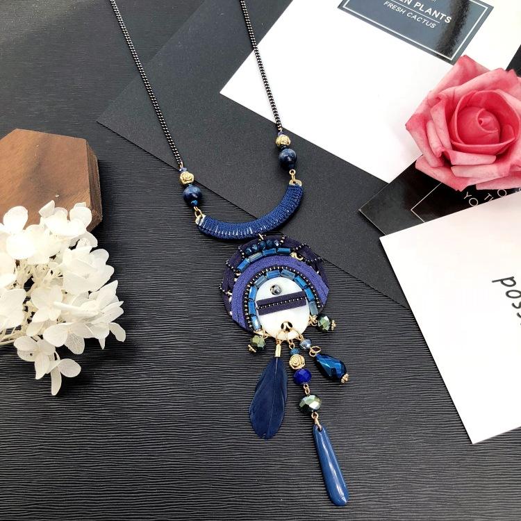Eastern European style handmade retro fringed long necklace light luxury simple sweater chain crystal pendant versatile accessories
