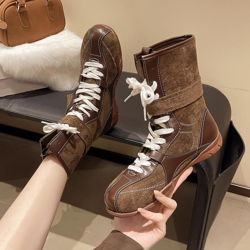 Retro Booties  New Autumn Versatile British Wind Soft-soled Scrub Leather Lace-up Booties
