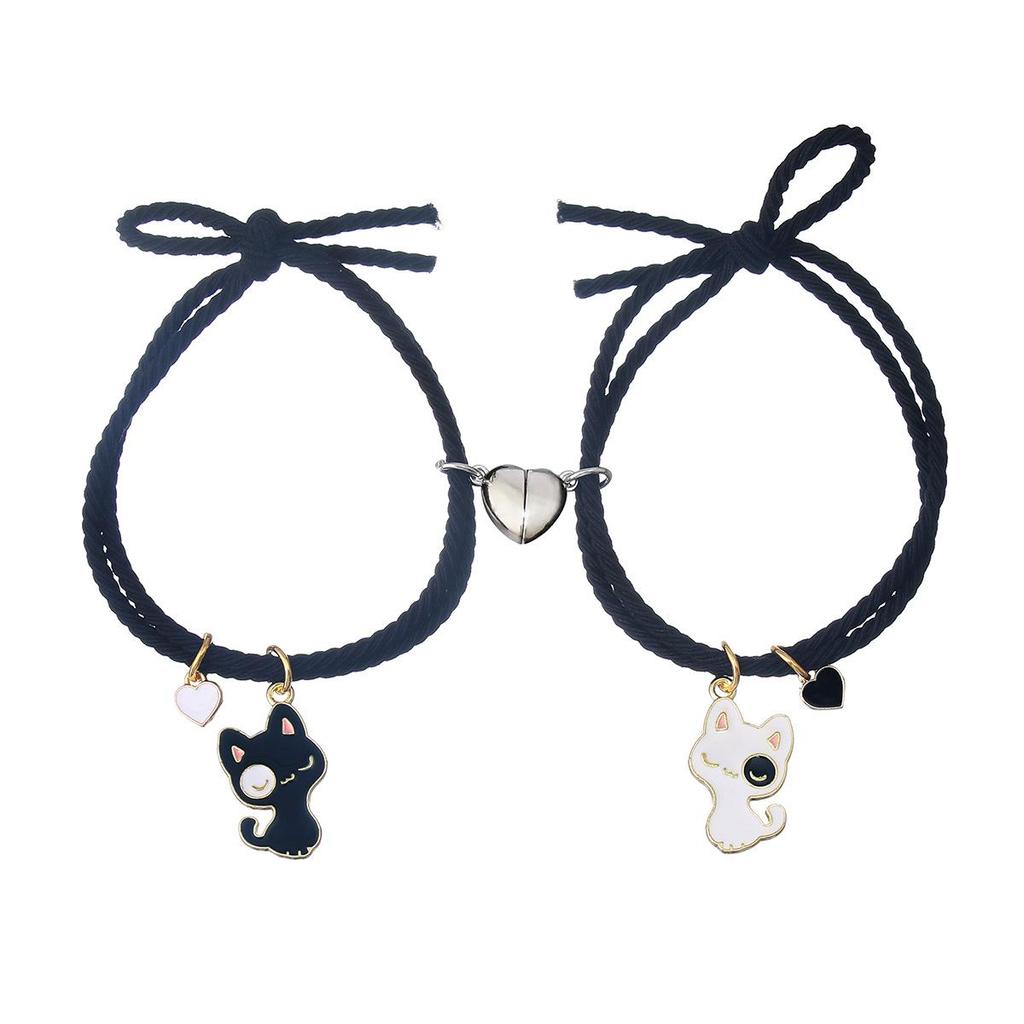 Magnet Iubire Pisică Albă și Neagră Desen Animat, Brățară de Cuplu și Elastic de Păr, Bijuterii Unisex cu Dublă Funcție