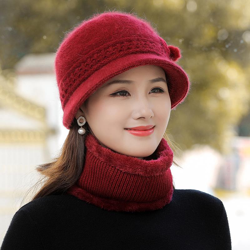 Căciulă tricotată de toamnă și iarnă pentru femei din păr de iepure cu floare la modă