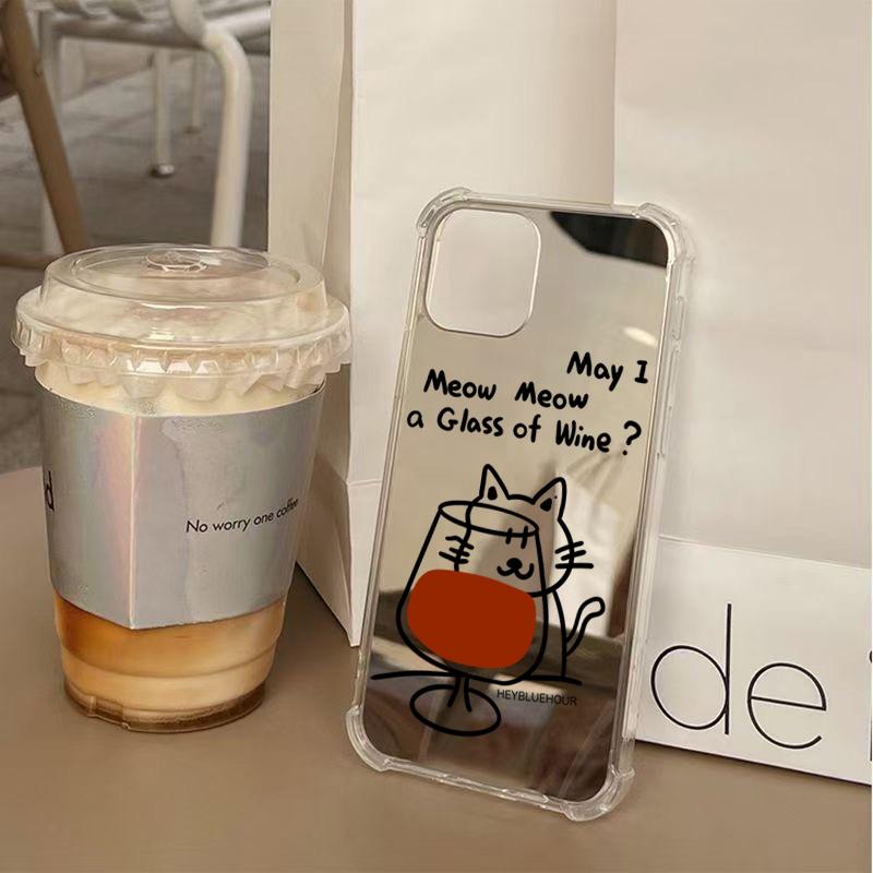 Red Wine Cat Pattern Mirror Acrylic Phone Case For Samsung Galaxy S25 S24 S23 S22 Ultra Plus FE A06 A14 A23 A36 A55 A56 Cover