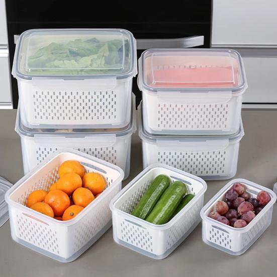4-In-1 Fruit Vegetable Storage Container with Removable Filter Leak-Proof Airtight PP Storage Box for Washing Draining Stackable Food Organizer