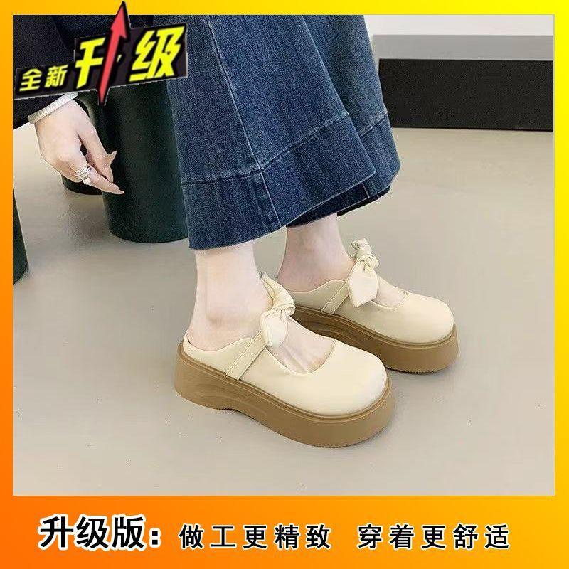 2025 new bag head half slippers women's summer wear thick bottom heightening French gentle bow women's half slippers