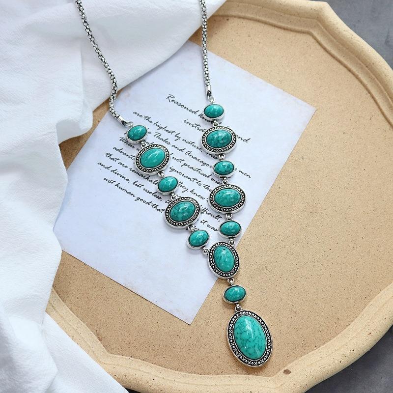 Retro long turquoise necklace women's personality exaggerated temperament sweater chain Tibetan versatile hanging jewelry