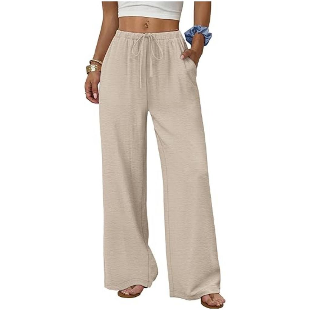 European & American Women's Casual Solid Wide-Leg Beach Pants with Elastic Waist & Pockets