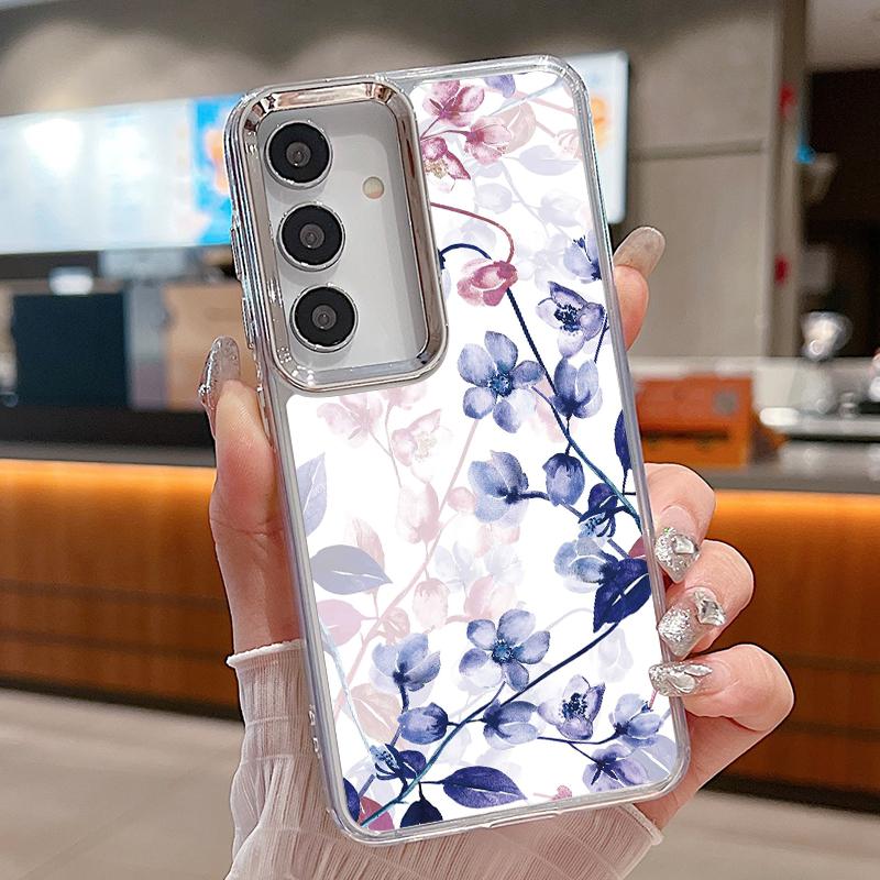 Romantic Rose Flower Pattern Case For Samsung S26 S25 Ultra S24 FE S23 Plus S22 S21 A15 A16 A17 A35 A36 A37 A54 A55 A56 A57 5G Plating Lens Soft Cover