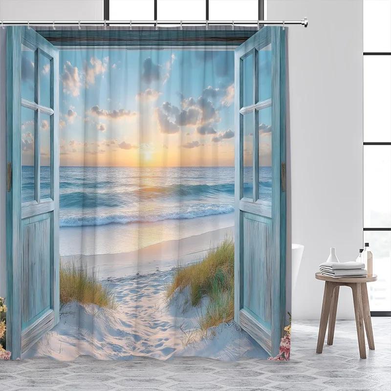 Blue Ocean Lighthouse Shower Curtains Vintage Boat Seagull Sea Waves Watercolour Art Modern Bathroom Curtain Decor With Hooks