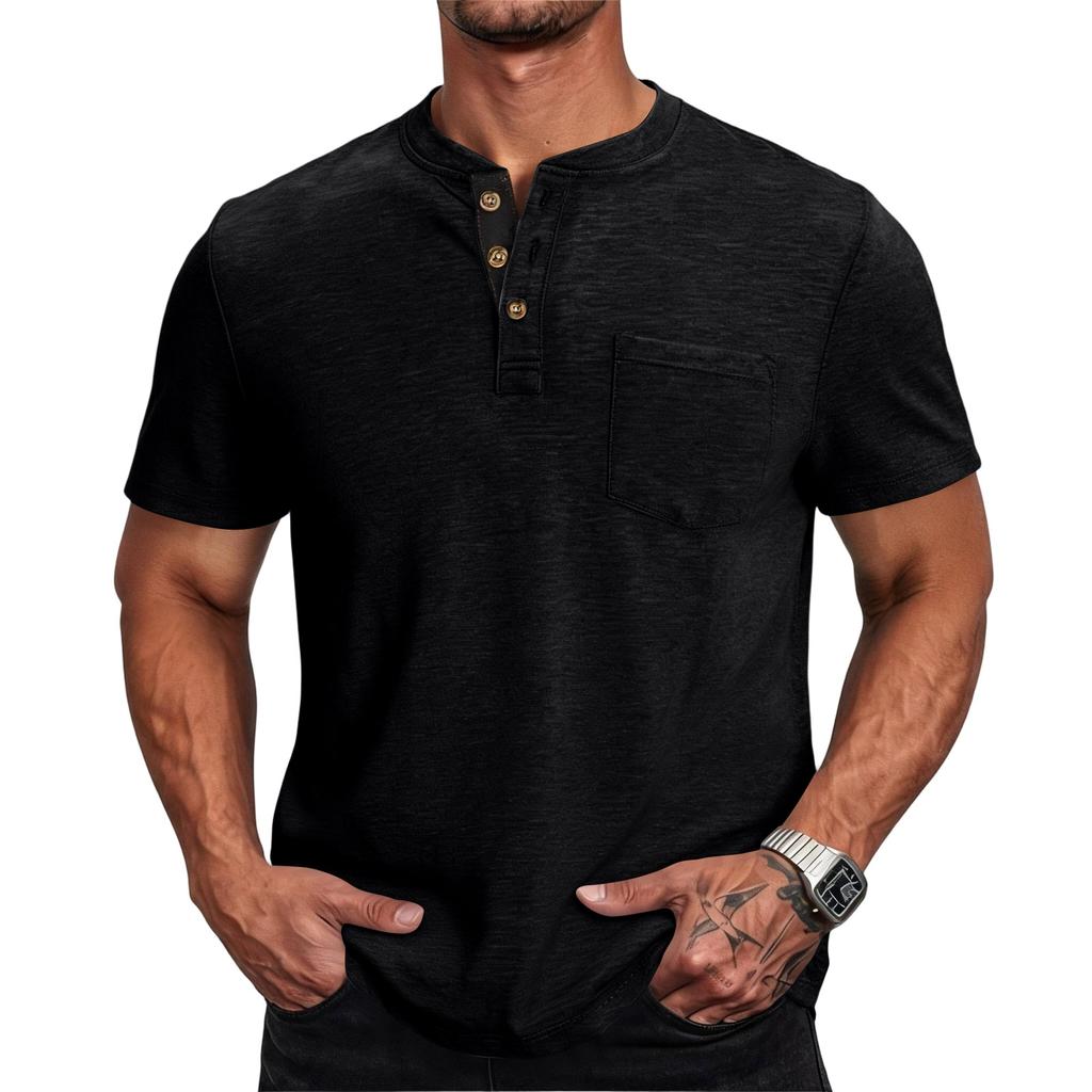 Men Henley Neck Short Sleeve T Shirt Casual Basic Button Front Athletic Fit Pullover Top with Chest Pocket for Everyday Wear