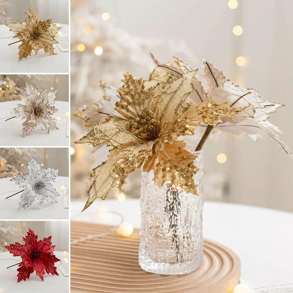 Fabric Plastic Christmas Artificial Flowers DIY Decoration Xmas Tree Decorations  New Year
