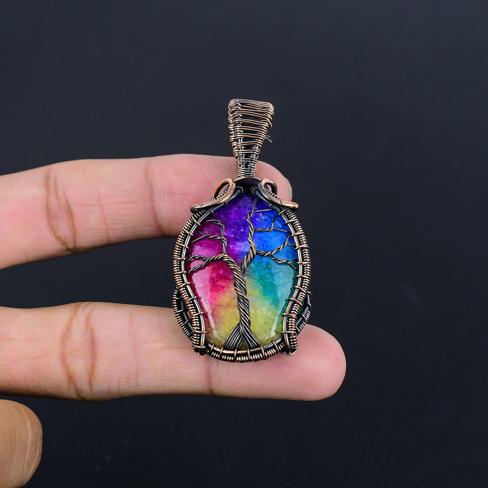 

Кулон из Радужного Солнечного Кварца, обернутый медной проволокой 999 пробы, Ювелирное изделие с подвеской из драгоценного камня ручной работы, Подарки для жены, Новая подвеска 2.55 Inches