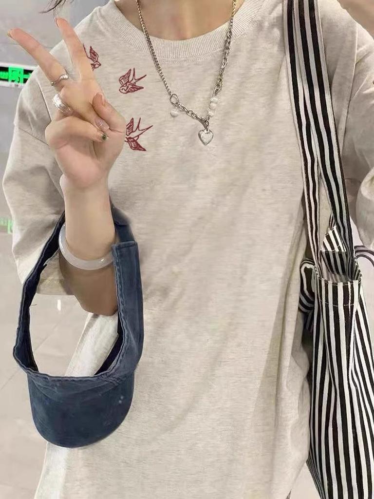 Women's Oversized Retro Print Cotton T-Shirt - Short Sleeve, Trendy Literary Design