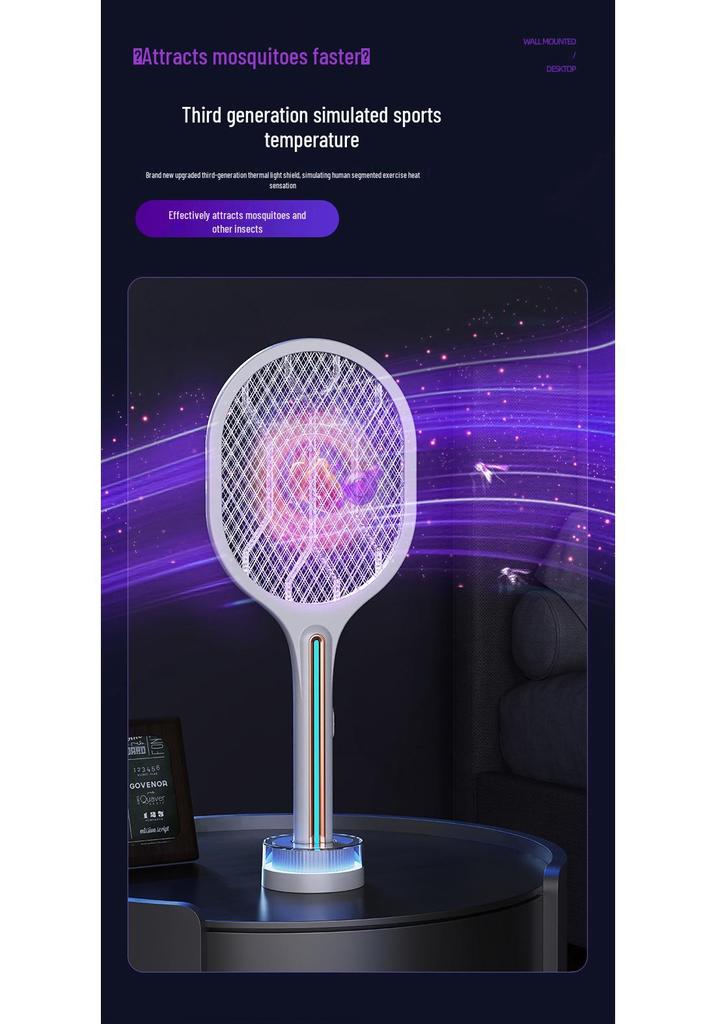 Rechargeable Electric Mosquito Swatter & Lamp with Wall-Mounted Charger and Automatic Luring Repellent.
