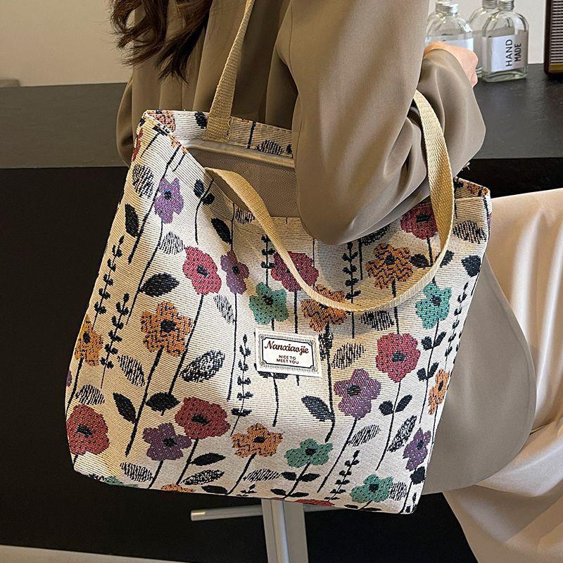 Flower Printed Large Capacity Reusable Shoulder Bag Versatile Student Commuting Handbags