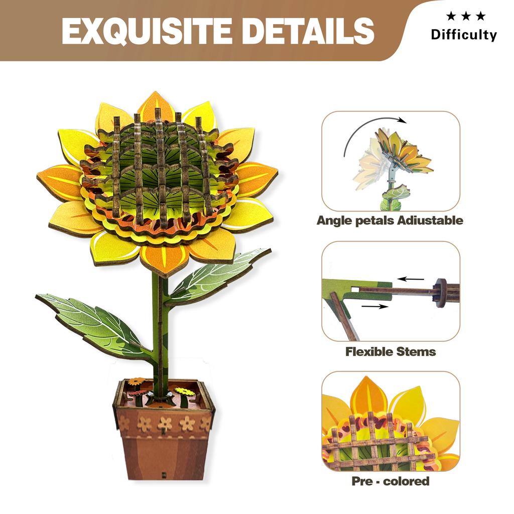Wacocetoy Cross-Border 3D Sunflower Puzzle Wooden Diy Coloring Toy 2-In-1 Set Three-Dimensional Puzzle