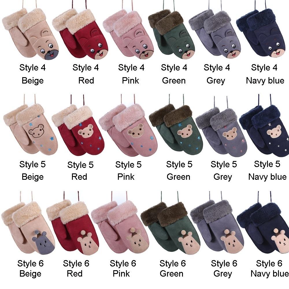 

1 пара варежек унисекс, утепленные зимние теплые детские перчатки с полным пальцем, искусственная замша, мультяшные животные Style 5 розовый