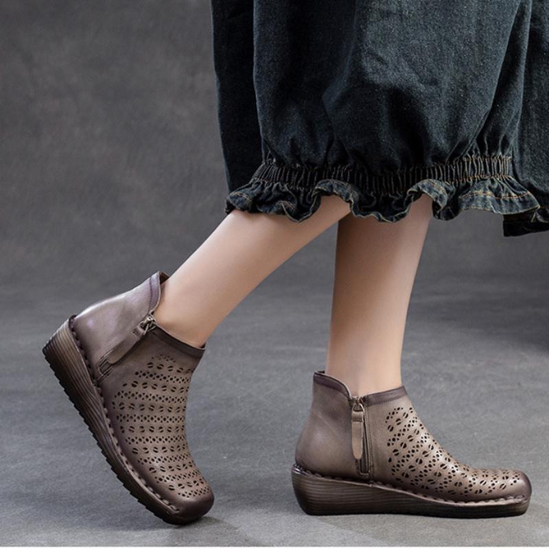 Johnature Genuine Leather Breathable Hollow Out Boots Retro Versatile Comfortable Women's Wedges Shoes