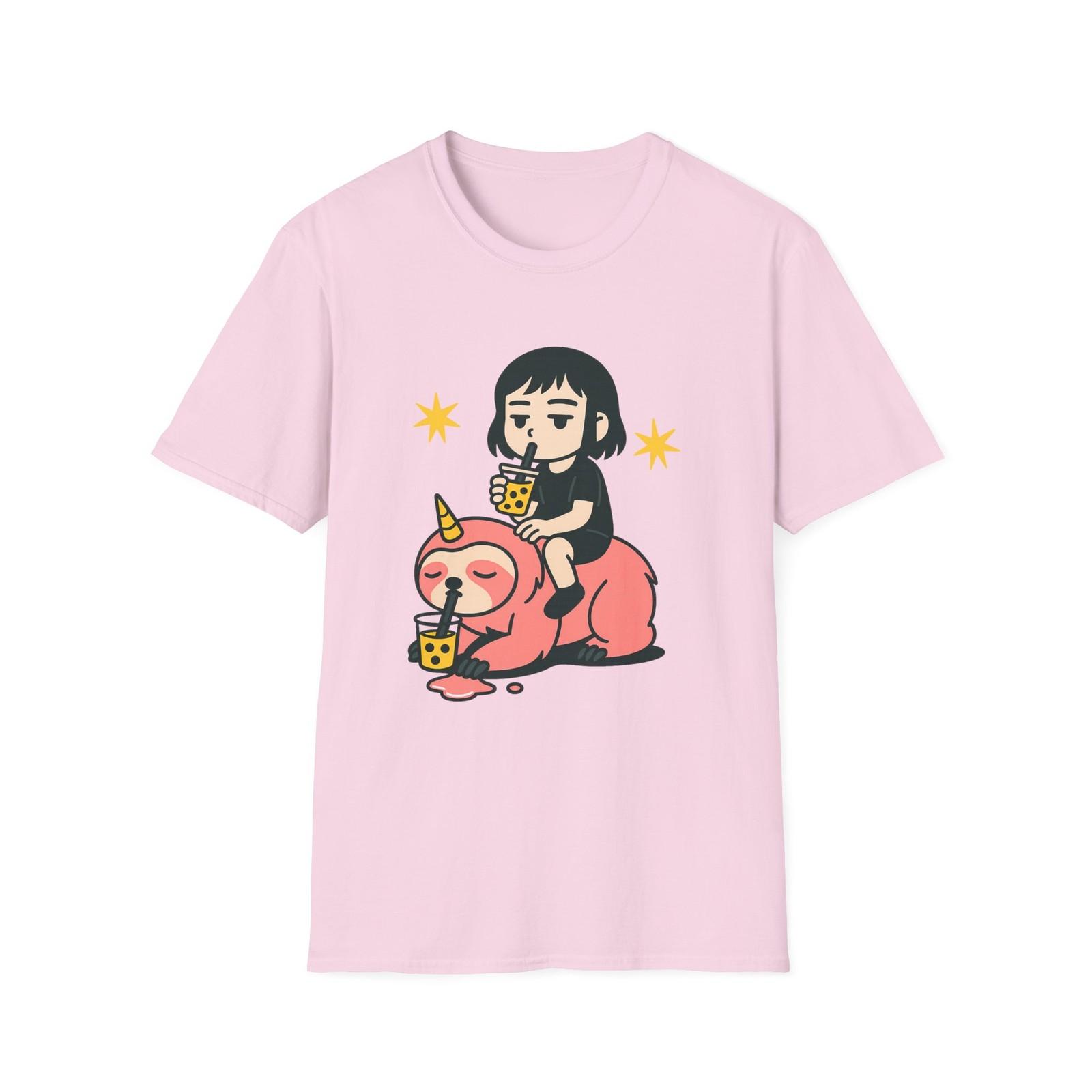 Unisex Softstyle Unicorn Sloth and Bubble Tea T-Shirt Mens Womens Tees Top - Whimsical Fantasy, Chill S