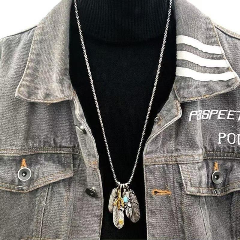 Takahashi Style Feather Pendant Necklace Set - Hip Hop Simple Long Chain for Men