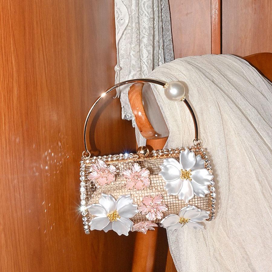 

Metal diamond-encrusted flower pearl vegetable basket bag dinner diamond light luxury bucket hand-held cylinder messenger bag