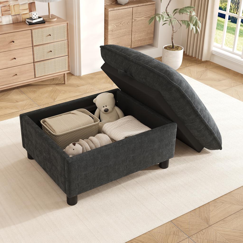 Sofa Stool with Storage, Chenille, Padded Footstool Bench with 8 cm Legs, Versatile Seat Cushion for Living Room, Bedroom, Black, 98x65x48 cm