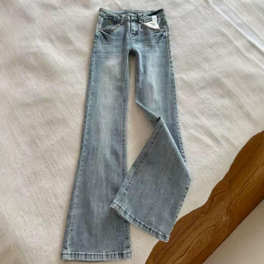 American Spice Girl Leopard print micro-pull jeans women's new mid-low waist slim-fitting and thin elastic flared floor pants