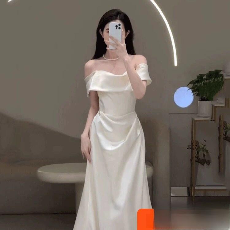 Elegant Satin One-Shoulder Engagement Dress Women's High-End Luxury Simple White Bridal Gown with Veil for Wedding And Party