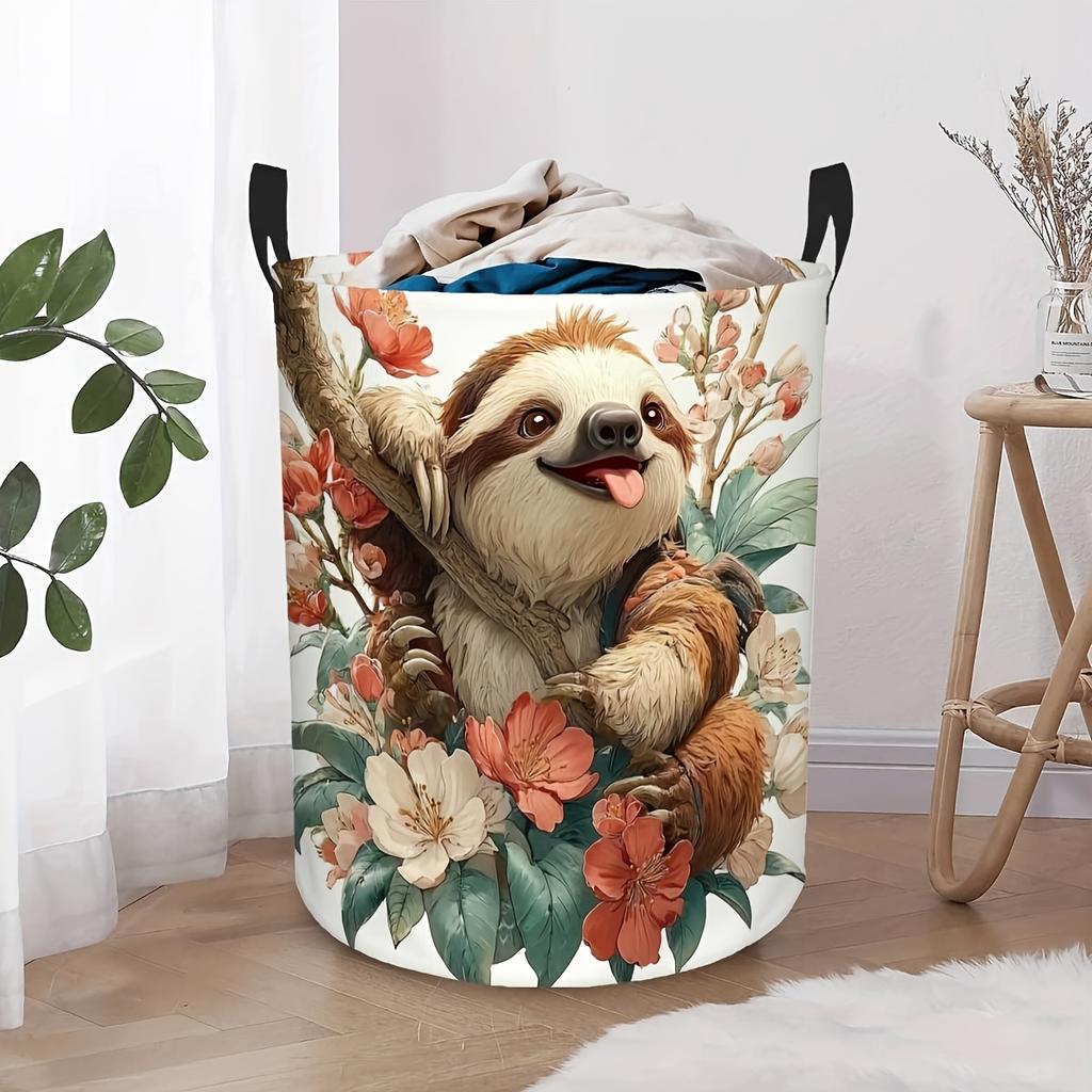 One Adorable Sloth And Floral Design Laundry Basket Featuring a Robust Handle - Collapsible Round Hamper Made from Durable Polyester Fabric, Easy to C